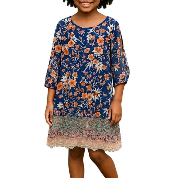 Amy Byer Size 7 Dress Girls Floral Sheer Overlay Print Split Sleeve Keyhole Back - Picture 1 of 9